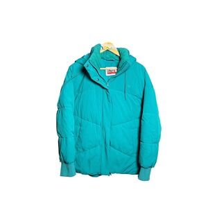 Vintage Levi's Teal Puffer Jacket Hooded Zip Up Insulated Winter Warm Size M